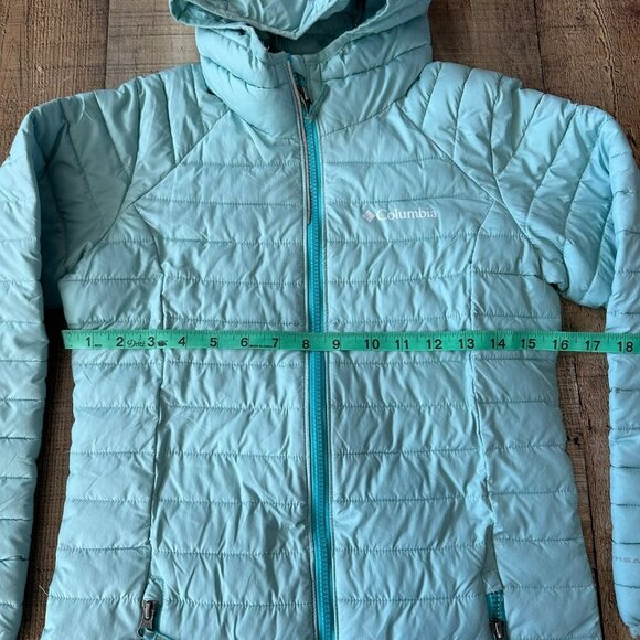 Columbia Girls Size Medium 10/12 Long Length Light Blue Puffer Jacket With Hood - Picture 2 of 11